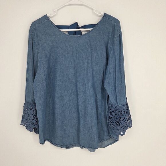 Hester & Orchard Tops - Womens Lg Blue Denim Crochet Lace Bell Sleeve Back Tie Blouse Western Fall Boho